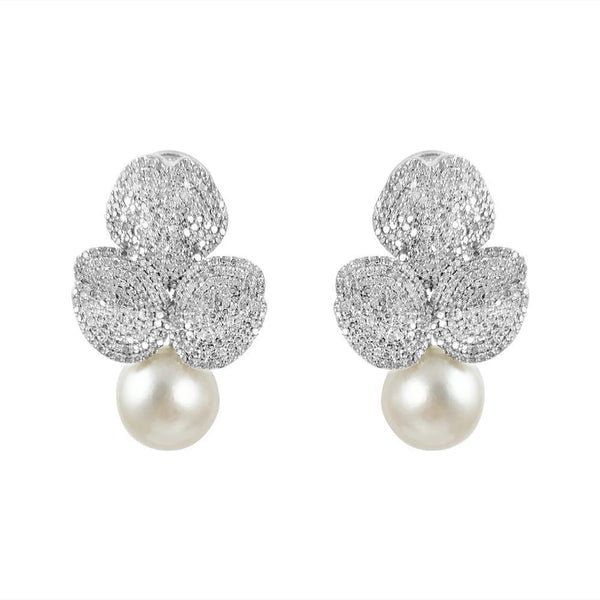 Full Pave Flower & Pearl Earrings