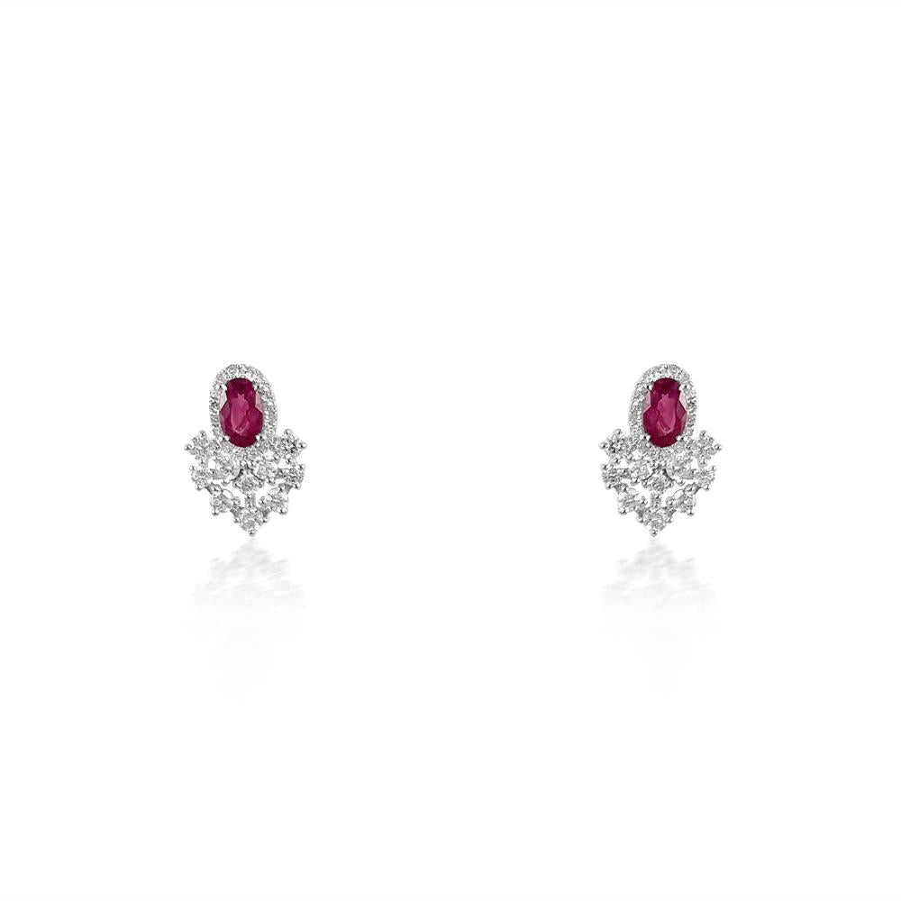 14K White Gold Earrings with Ruby & Diamonds