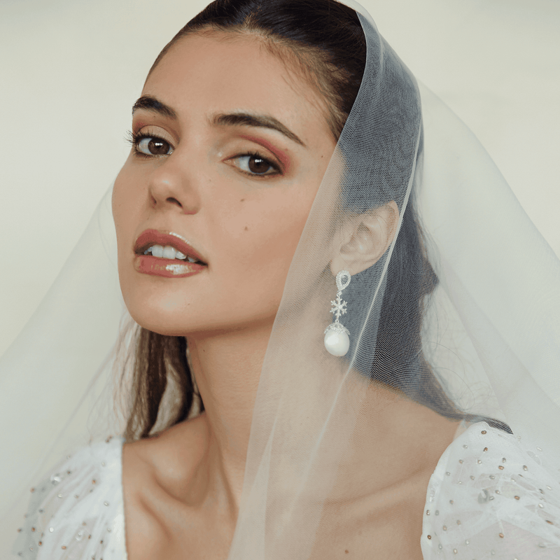 Pearl & Blue Sapphire with Diamond Snowflake Earrings