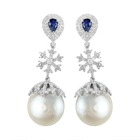 Pearl & Blue Sapphire with Diamond Snowflake Earrings