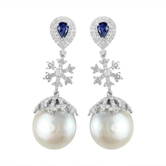 Pearl & Blue Sapphire with Diamond Snowflake Earrings