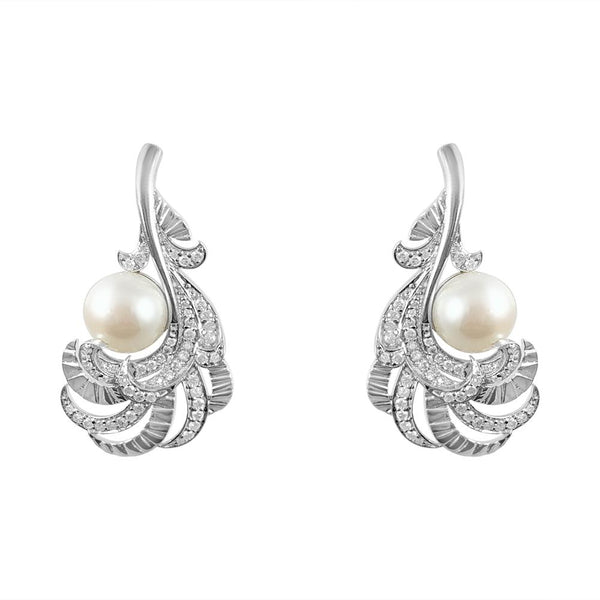 Pearl & Diamonds Leaf Earrings